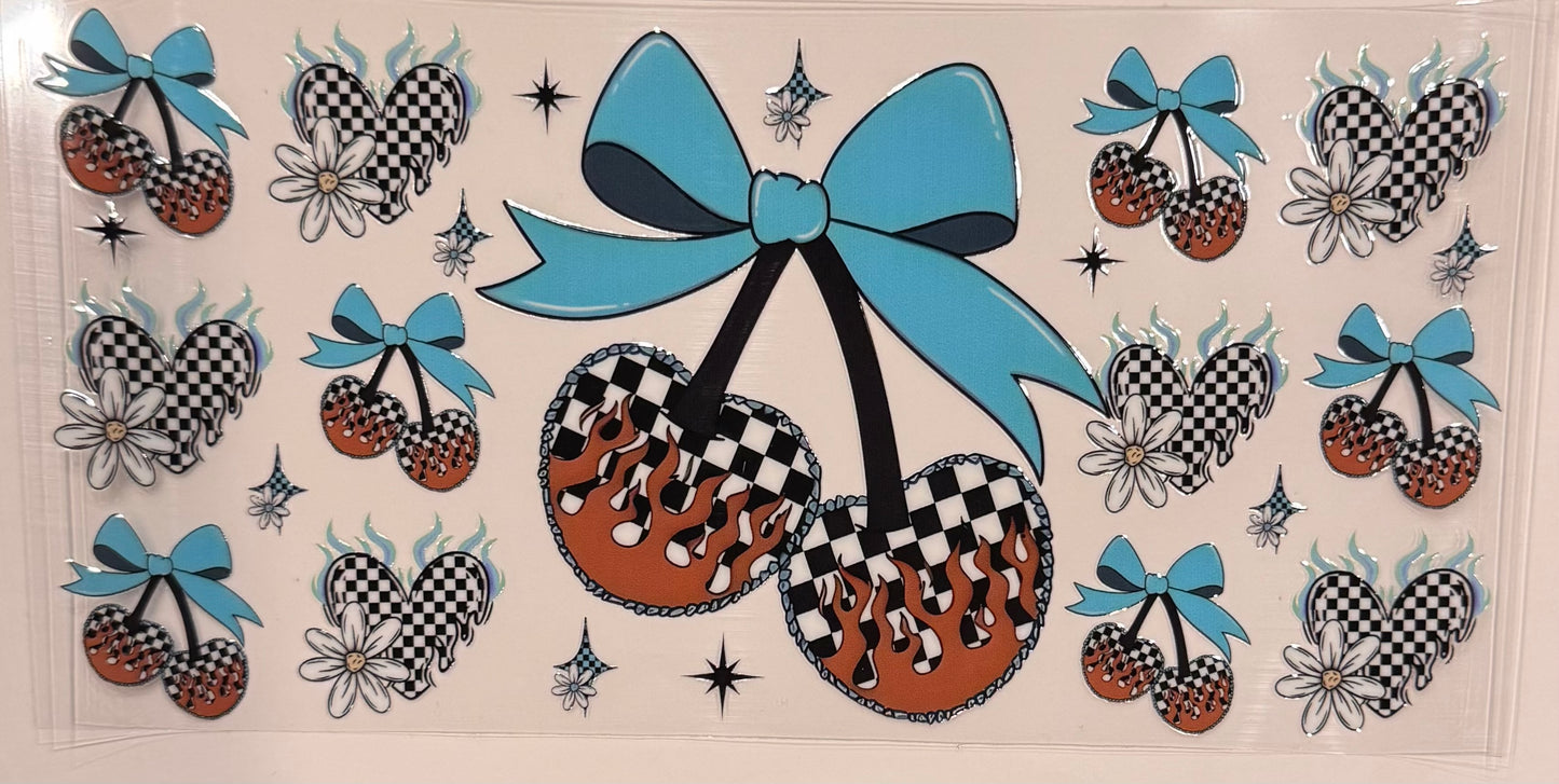 Blue checkered cherry bows