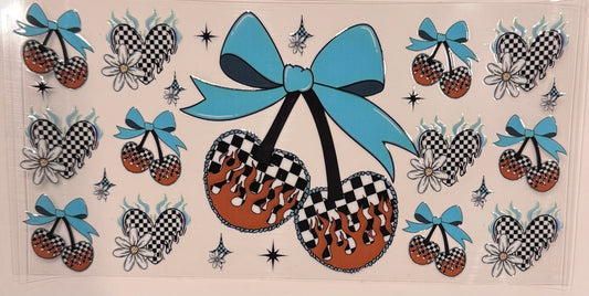 Blue checkered cherry bows